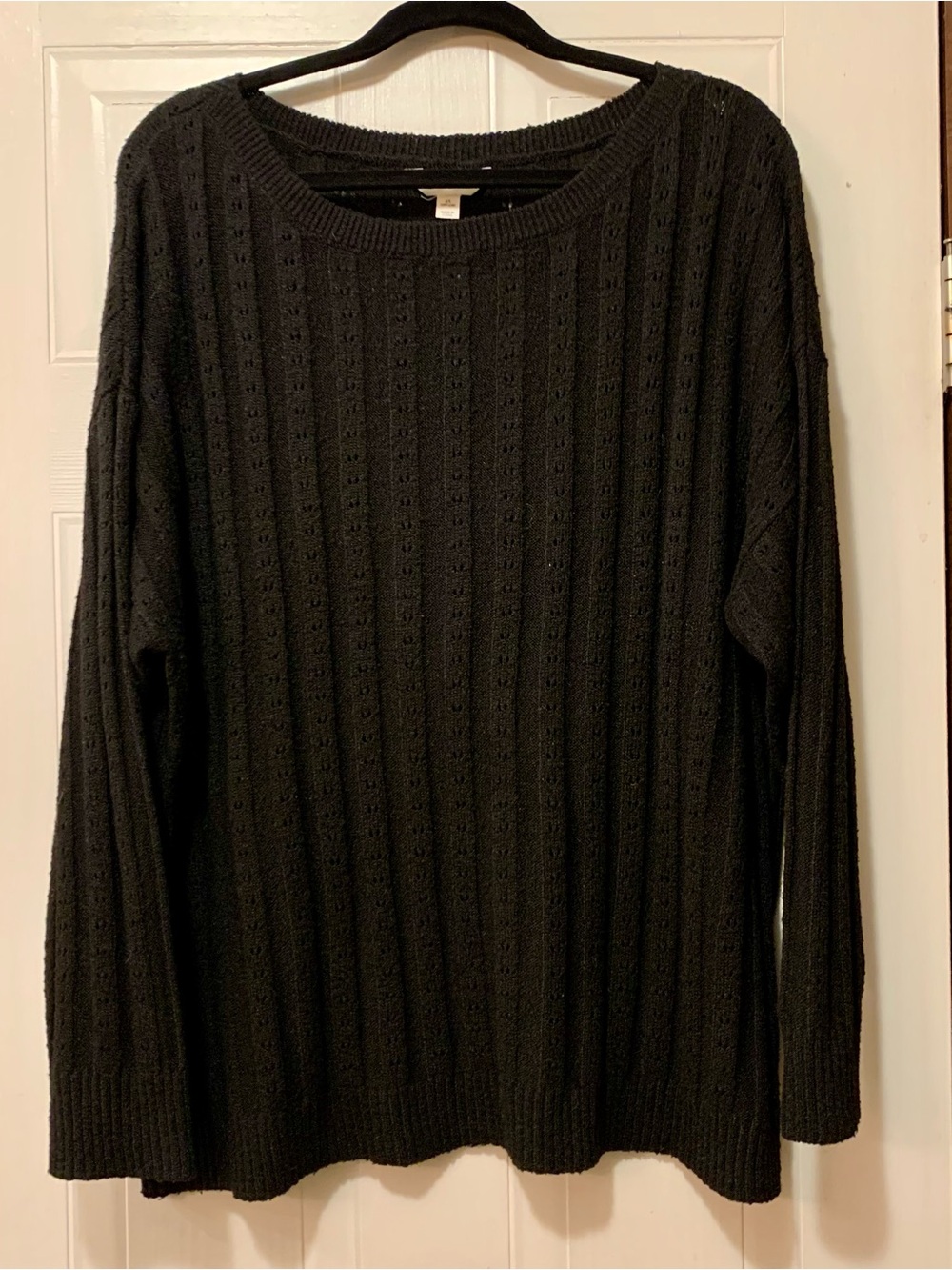 Terra & Sky Black Pointelle Knit Boatneck Sweater BLACK 2x